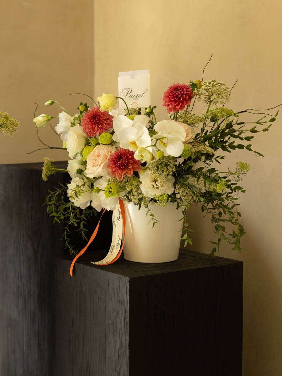 Arreglo floral con dalias coral, orquídeas y rosas en maceta de cerámica — florería de lujo Guadalajara